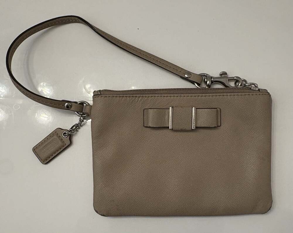 Coach Darcy Bow Small Wristlet Beige/Tan Saffiano Leather Bow Accent